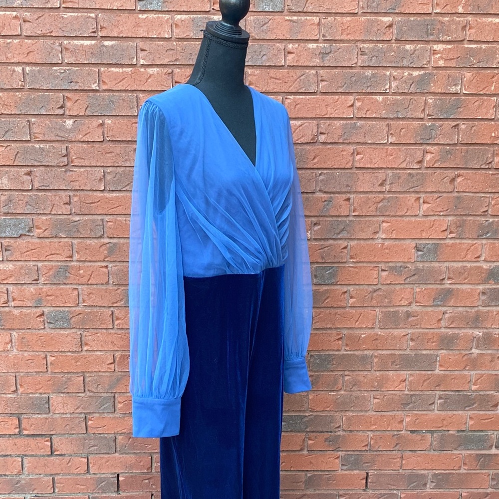NWT Fehaute Royal Blue Mesh V Neck Long Sleeve Velvet Jumpsuit 10 - Picture 11 of 14